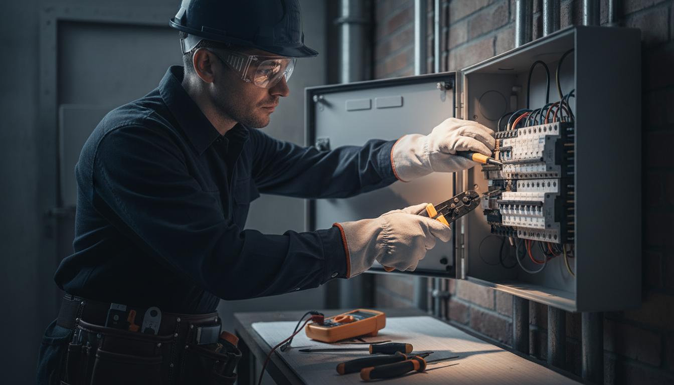 Electrician working inside an open consumer unit