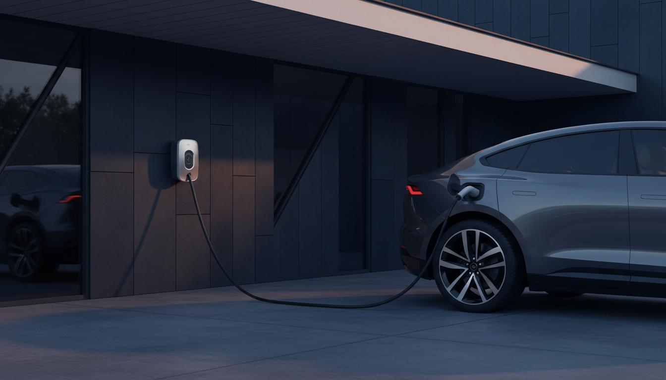 EV charger mounted beside a driveway at dusk