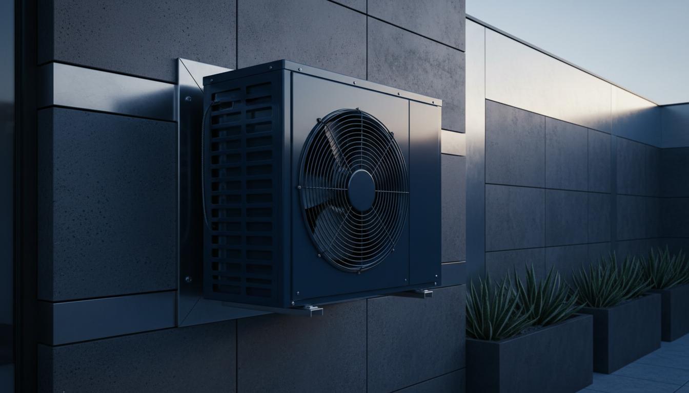 Air-to-water heat pump unit mounted outside a home